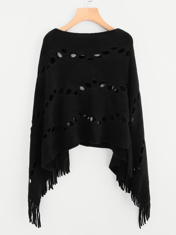 Romwe Fringe Hem Eyelet Poncho Sweater
