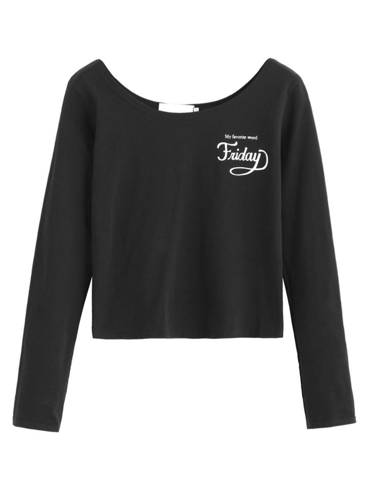 Romwe Black Slogan Print Scoop Neck Crop T-shirt