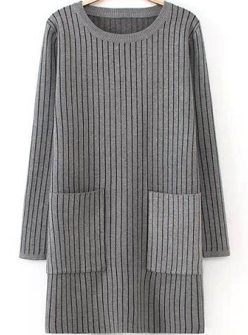 Romwe Vertical Stripe Pockets Grey Dress