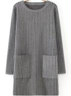 Romwe Vertical Stripe Pockets Grey Dress