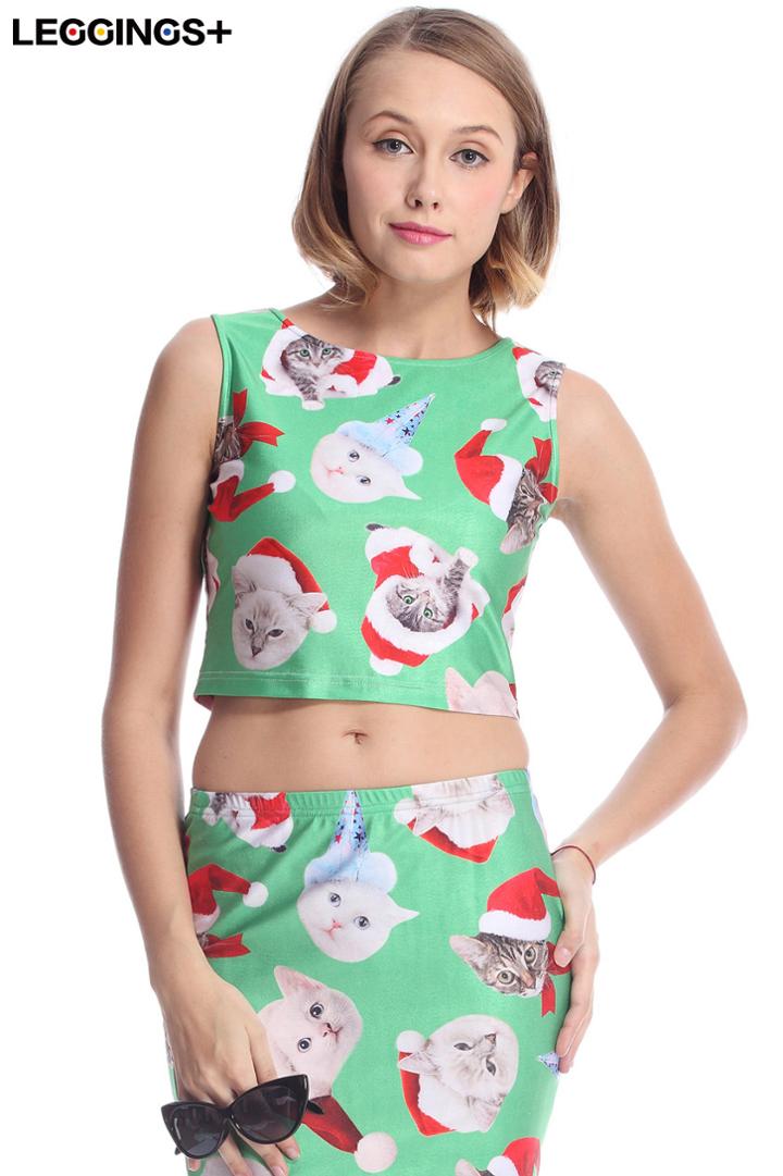 Romwe Romwe Christmas Cat Print Sleeveless Green Vest