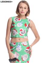 Romwe Romwe Christmas Cat Print Sleeveless Green Vest