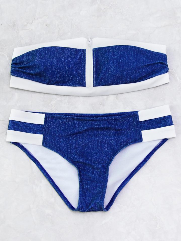 Romwe Contrast Trim Zipper Up Bandeau Bikini Set