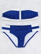 Romwe Contrast Trim Zipper Up Bandeau Bikini Set