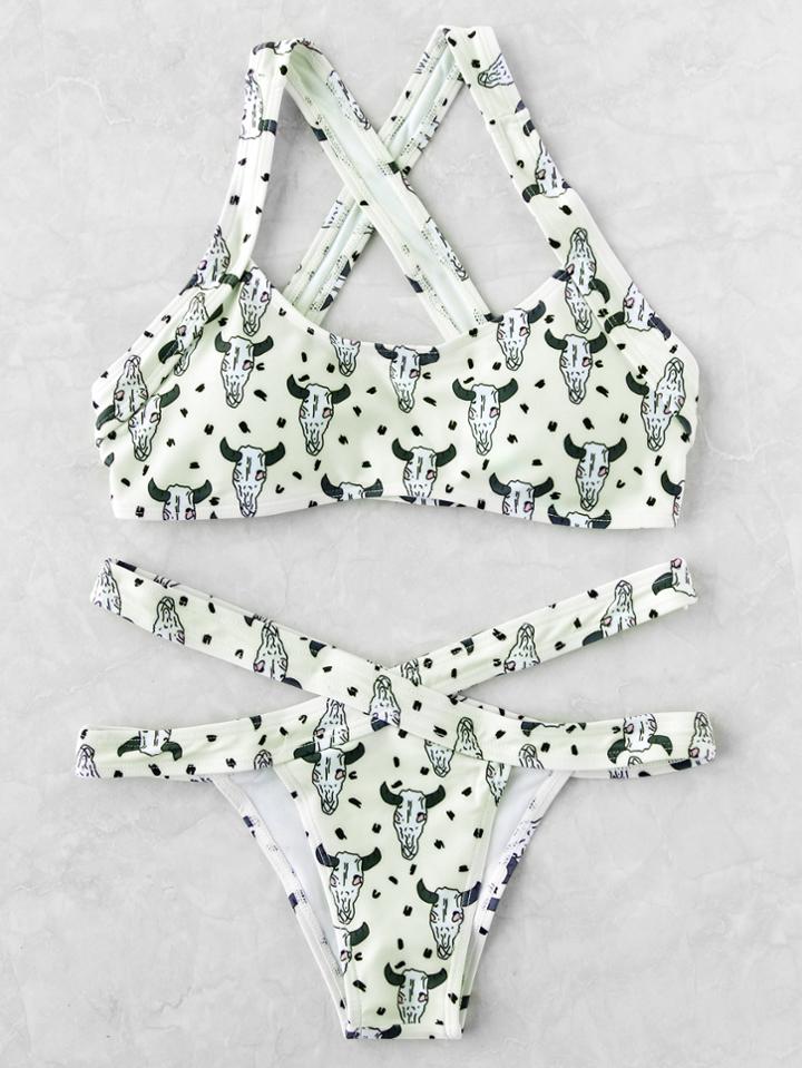 Romwe Cattle Print Cross Back Bikini Set