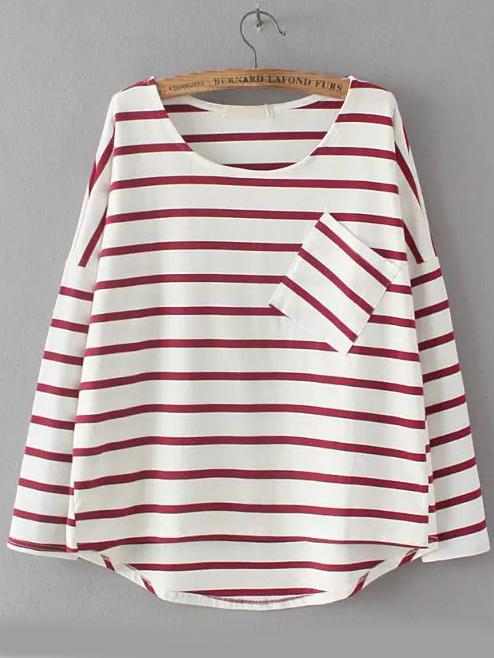 Romwe Red White Round Neck Striped Pocket Dip Hem Blouse