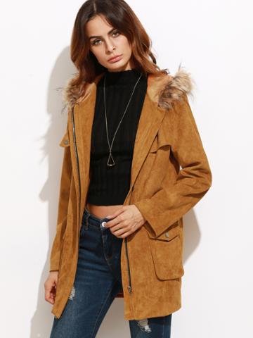 Romwe Camel Suede Utility Coat With Faux Fur Trim Hood