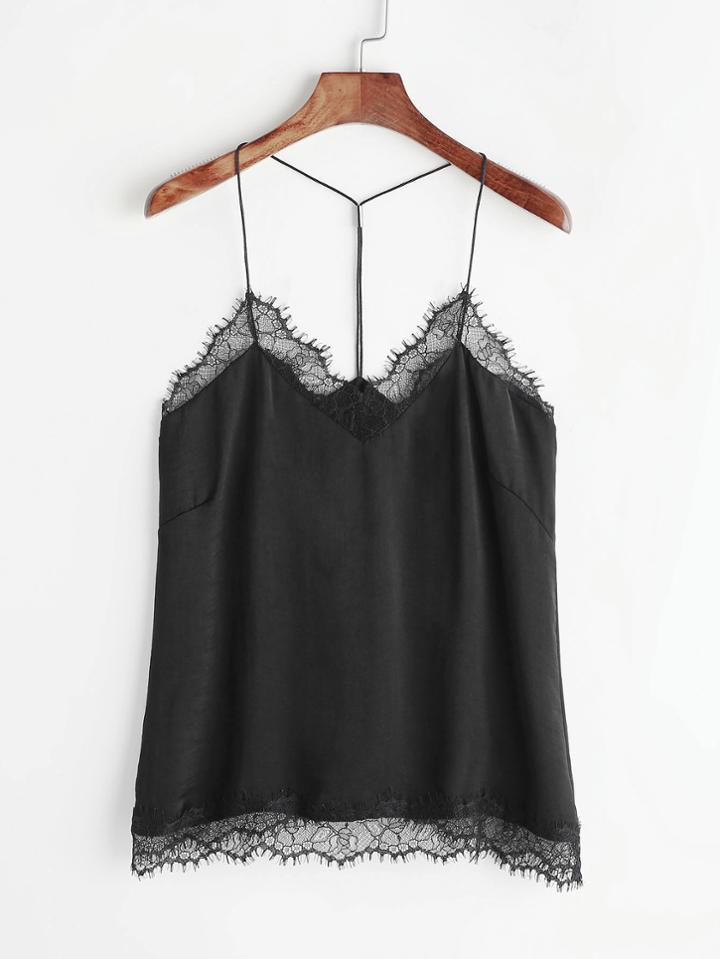 Romwe Black Contrast Eyelash Lace Halter Top