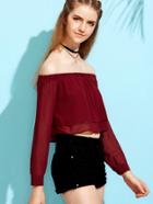 Romwe Burgundy Button Cuff Layered Off The Shoulder Top