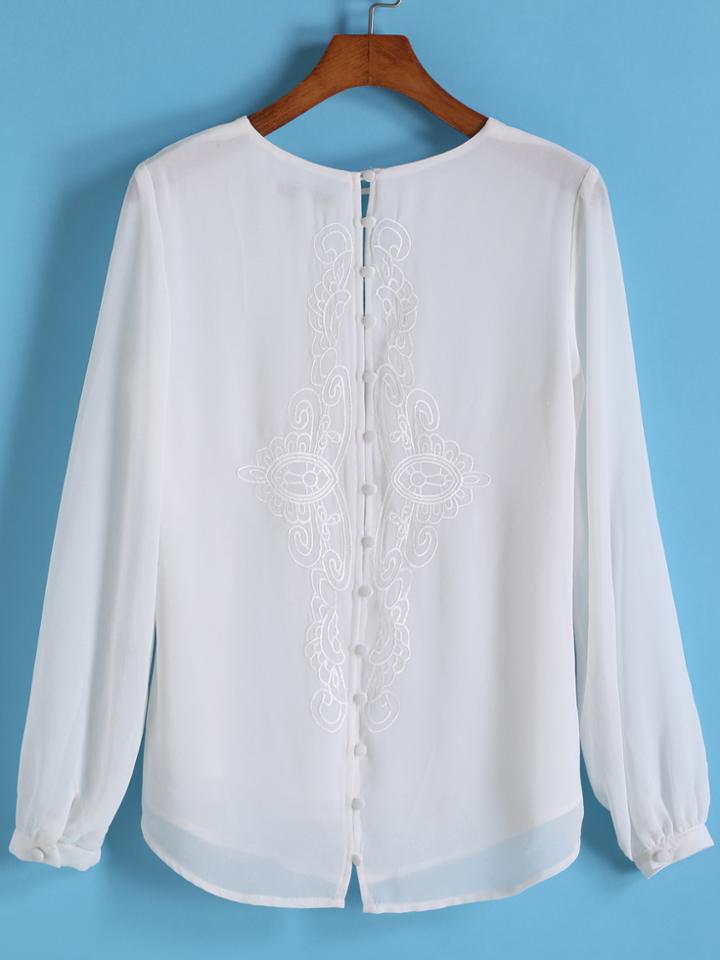 Romwe Long Sleeve Embroidered Burrons Top