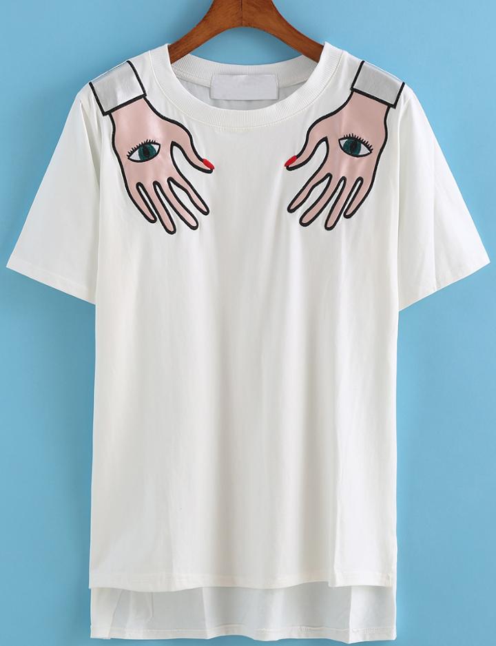 Romwe Dip Hem Hand Print White T-shirt