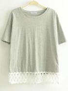 Romwe Grey Short Sleeve Lace Hem T-shirt