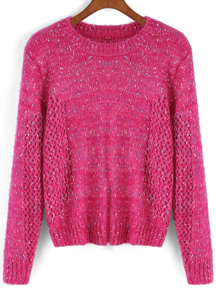 Romwe Round Neck Open-knit Rose Red Sweater