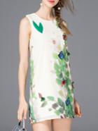 Romwe Apricot Crew Neck Bow Leaves Shift Dress