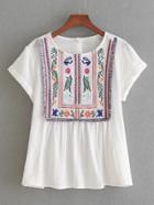 Romwe Rolled Cuff Fringe Trim Embroidery Top