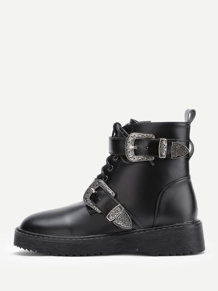 Romwe Double Buckle Design Lace Up Ankle Boots