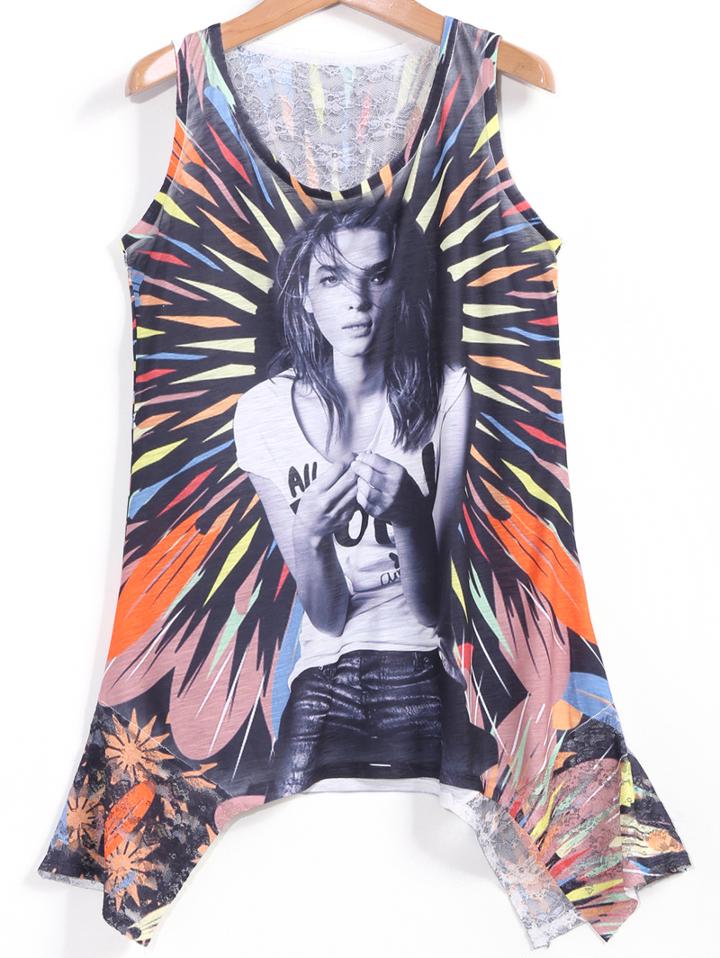 Romwe Irregular Hem Beauty Print Tank Top