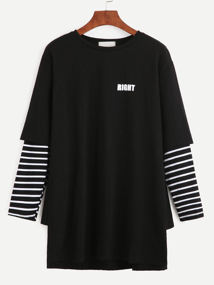 Romwe Black Striped Letter Print 2 In 1 T-shirt