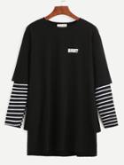 Romwe Black Striped Letter Print 2 In 1 T-shirt