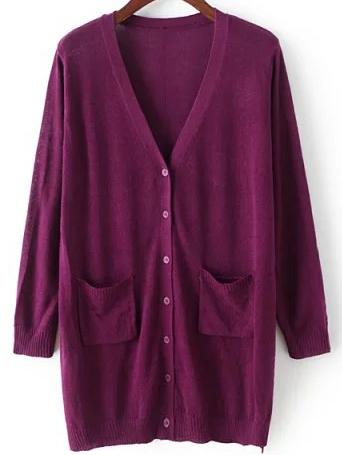 Romwe With Pockets Hollow Side Slit Purple Cardigan