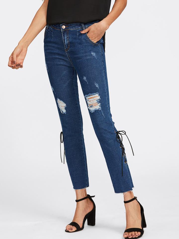 Romwe Lace Up Detail Ripped Raw Hem Jeans