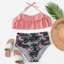 Romwe Plus Ruffle Top With Random Palm Print Bikini