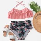 Romwe Plus Ruffle Top With Random Palm Print Bikini