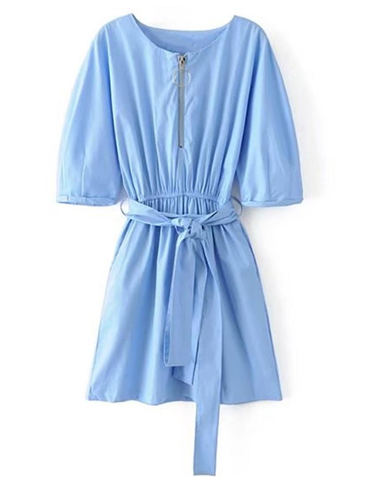 Romwe Zipper Front Dress With Self Tie