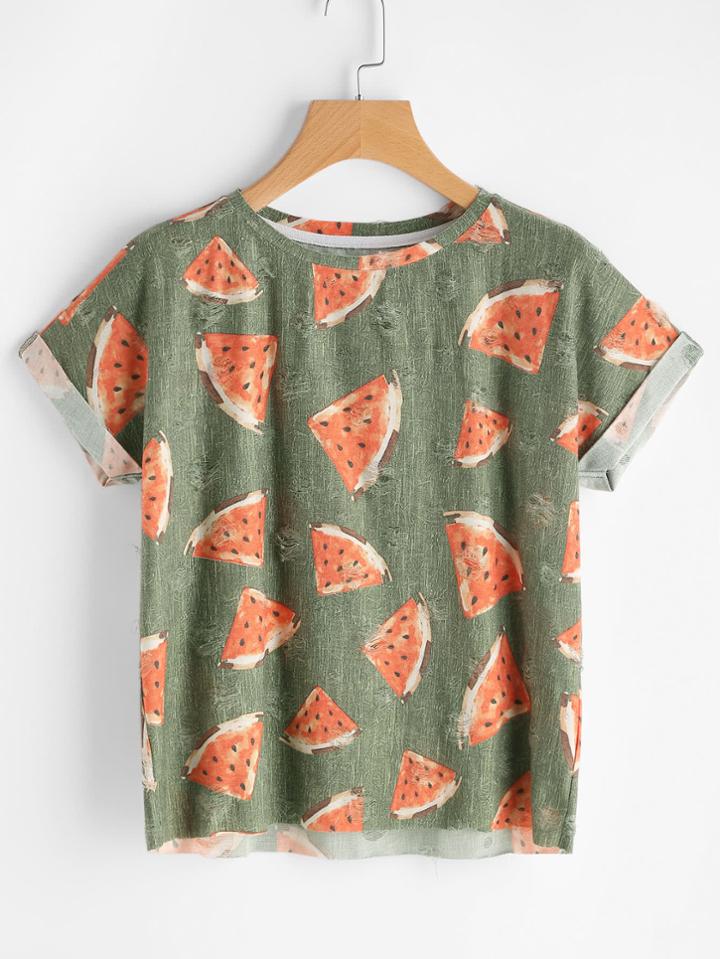 Romwe Watermelon Print Cuffed Sleeve Frayed Dot Tee