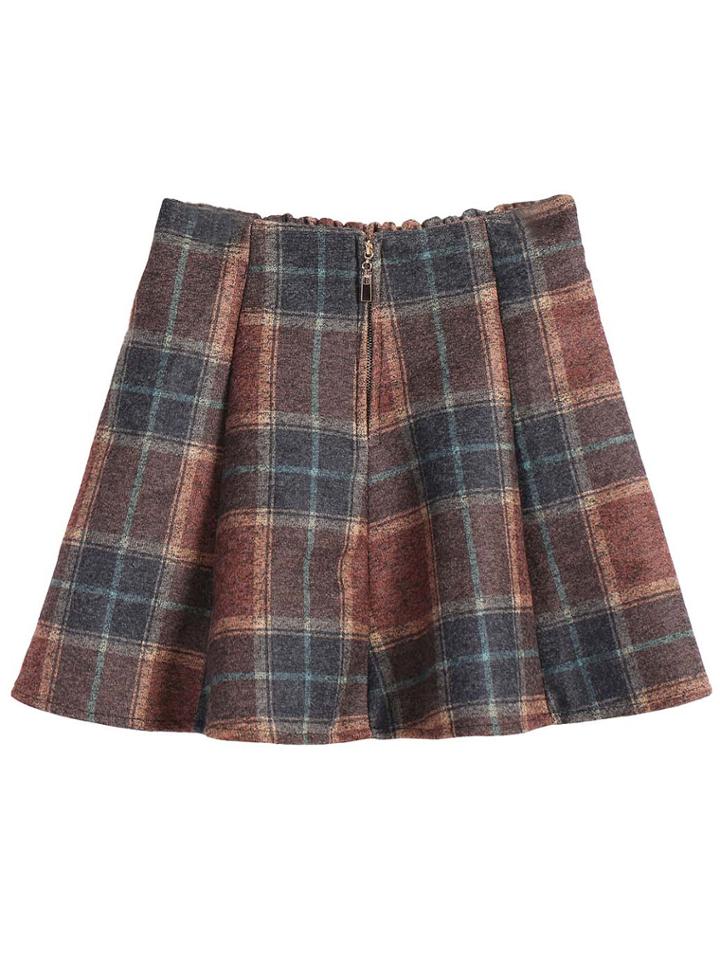 Romwe Check Print Woolen Blue Skirt