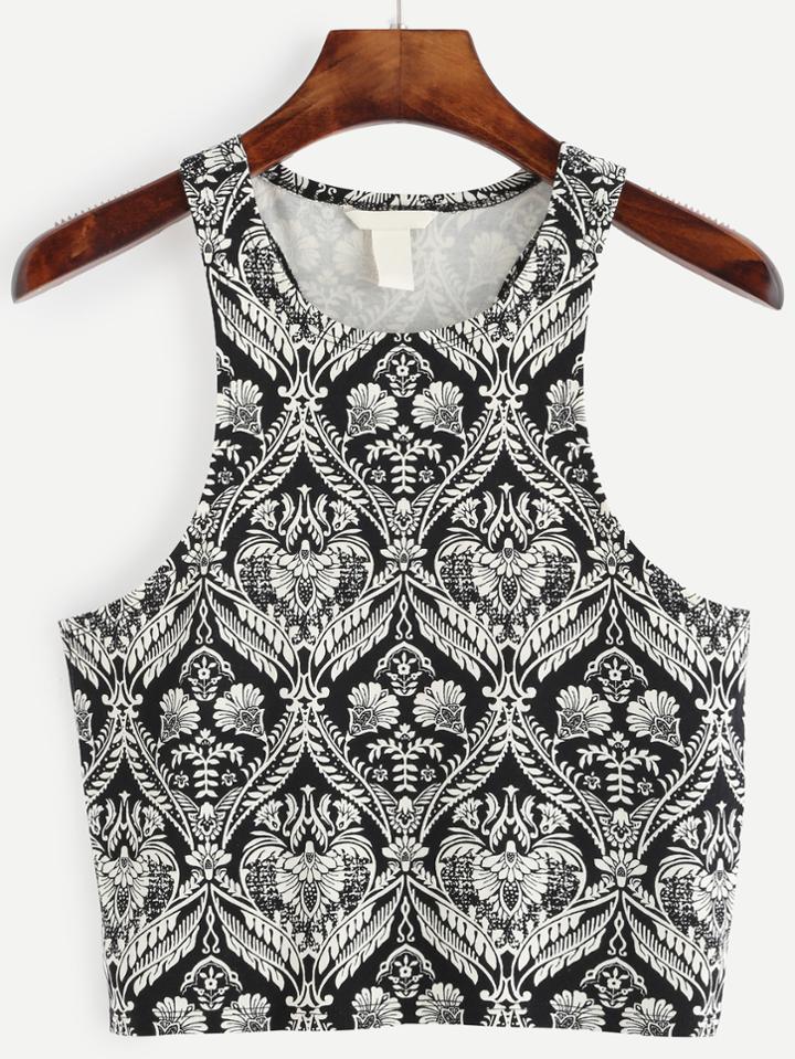 Romwe Black Ornate Print Tank Top