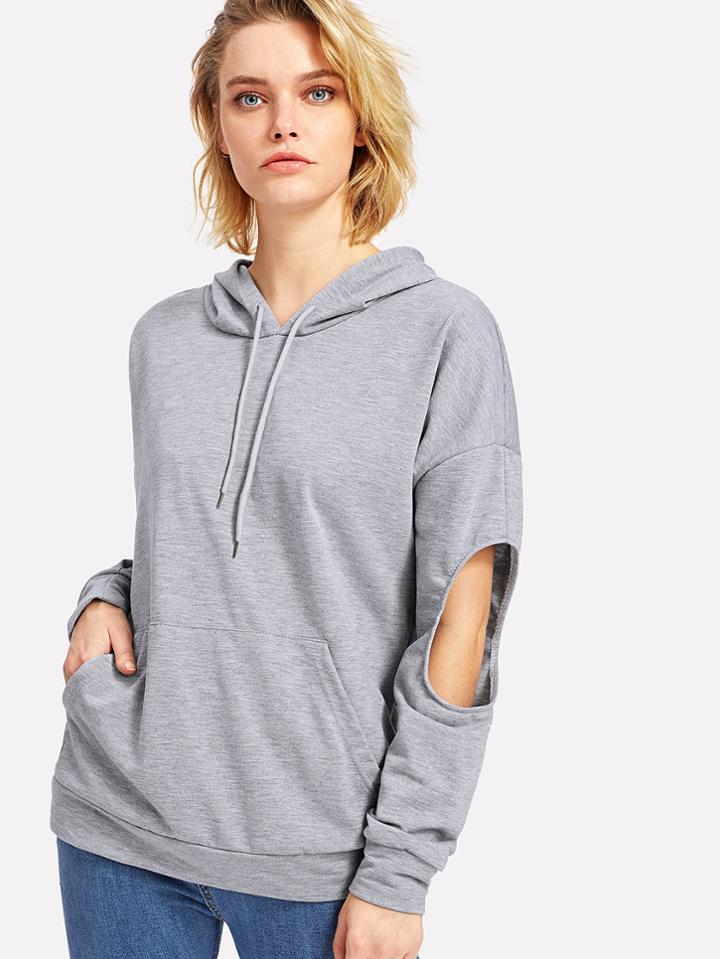 Romwe Cut Out Sleeve Marled Hoodie