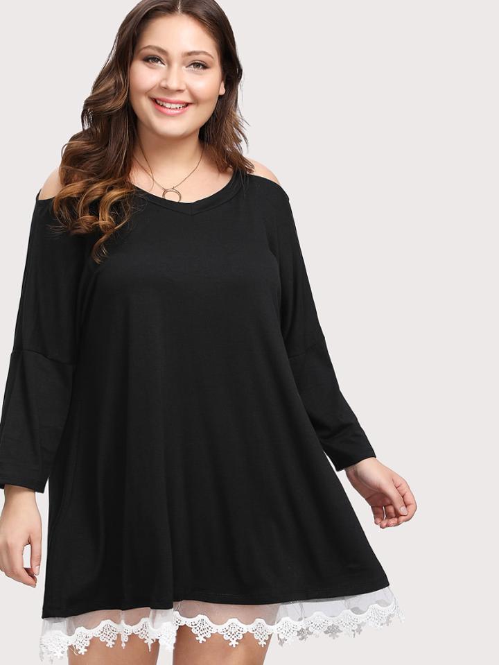 Romwe Open Shoulder Lace Contrast Tee Dress