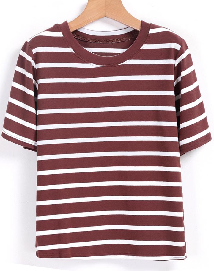 Romwe Round Neck Striped Coffee T-shirt