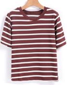 Romwe Round Neck Striped Coffee T-shirt