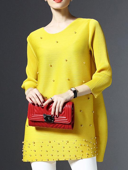 Romwe Yellow Beading Pleated Elastic Shift Dress