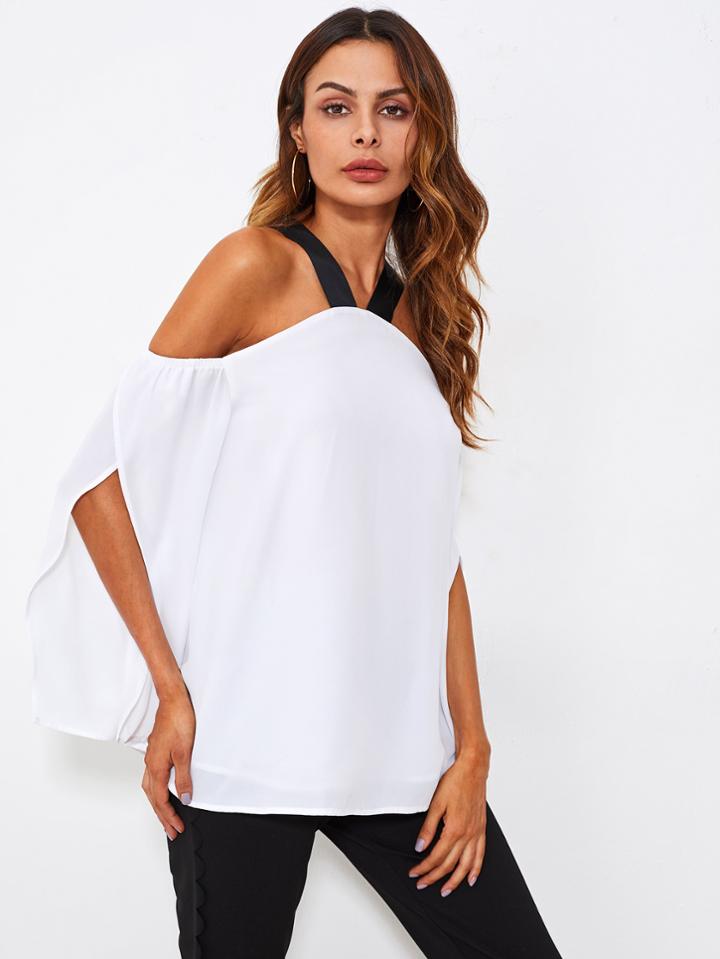 Romwe Contrast Thick Strap Overlap Sleeve Top