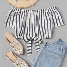 Romwe Off Shoulder Knot Hem Striped Blouse