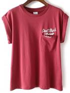 Romwe Letter Print Cuffed Red T-shirt With Pocket