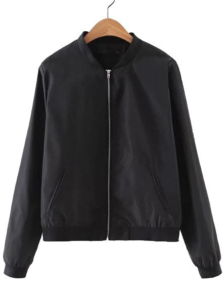 Romwe Black Rib-knit Cuff Pocket Plain Jacket