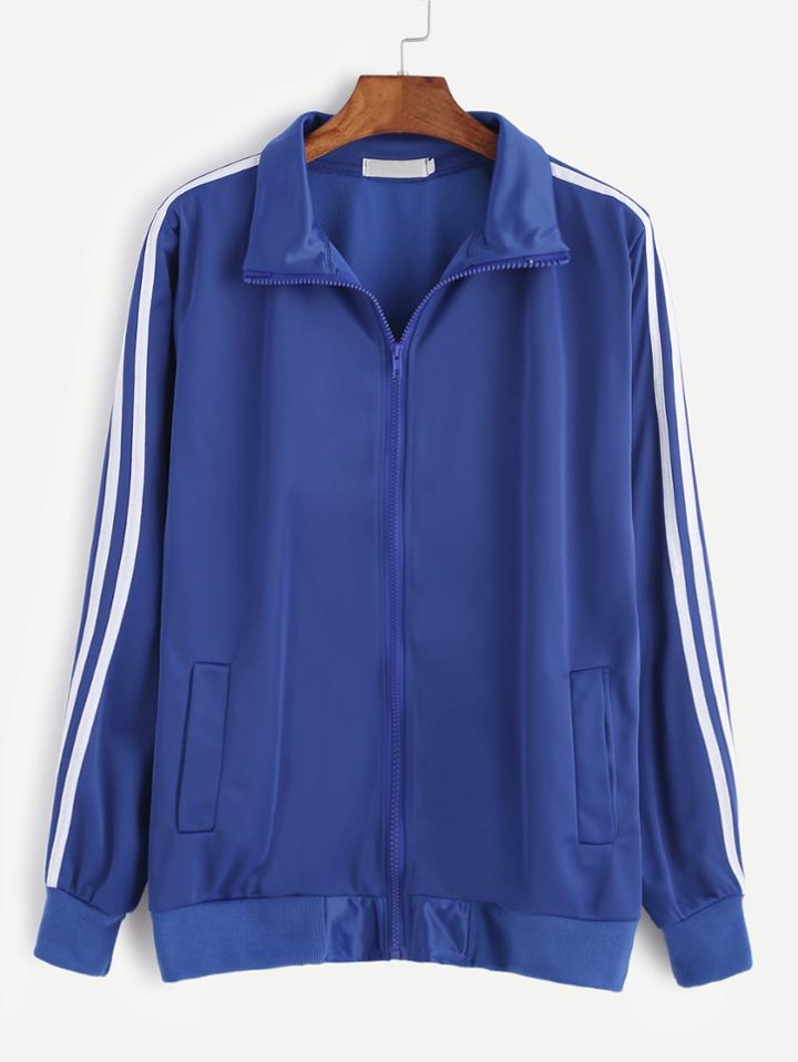 Romwe Royal Blue Striped Side Zip Up Sweatshirt