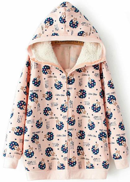 Romwe Hooded Dogs Print Pink Sweatshirt