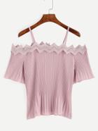 Romwe Pink Eyelet Lace Applique Pleated Cold Shoulder Top