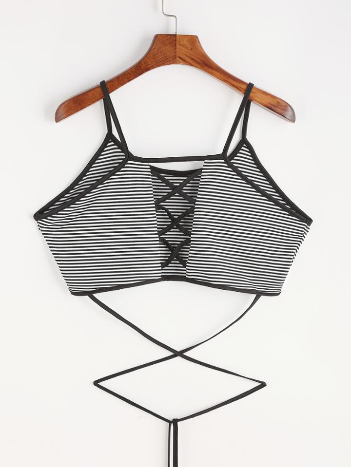 Romwe Pinstriped Crisscross Back Tie Detail Crop Cami Top