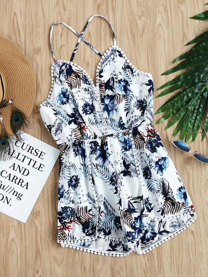 Romwe Floral Print Random Criss Cross Back Pom Pom Romper