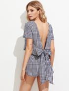 Romwe Bow Tie V Back Gingham Top And Shorts Co-ord