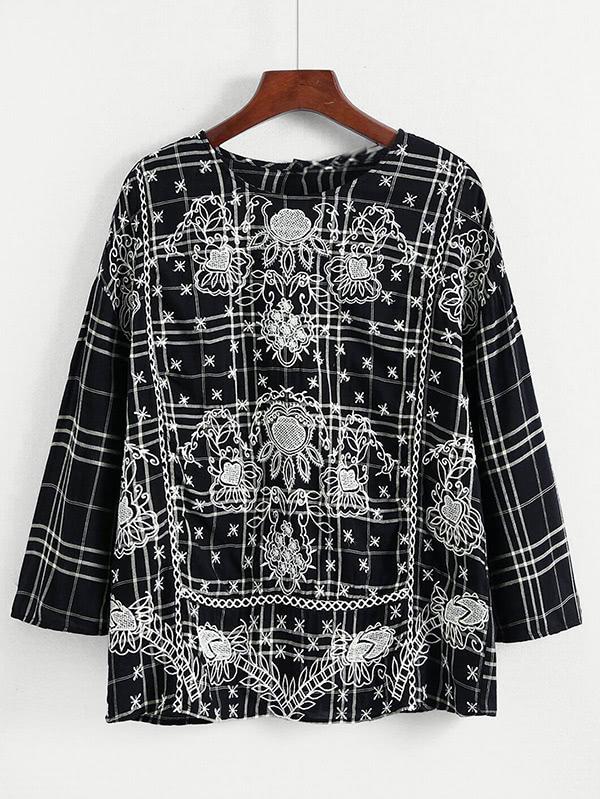 Romwe Front Embroidery Grid Blouse