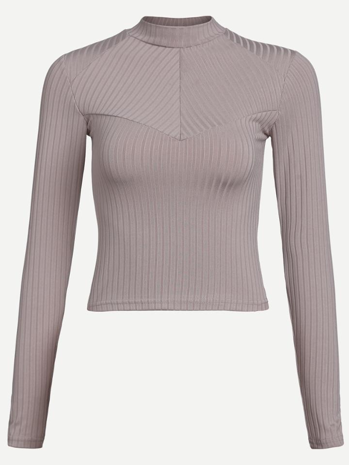 Romwe Grey Ribbed Long Sleeve T-shirt