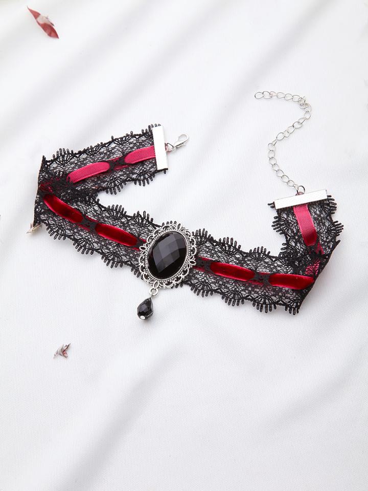 Romwe Rhinestone Pendant Lace Velvet Choker