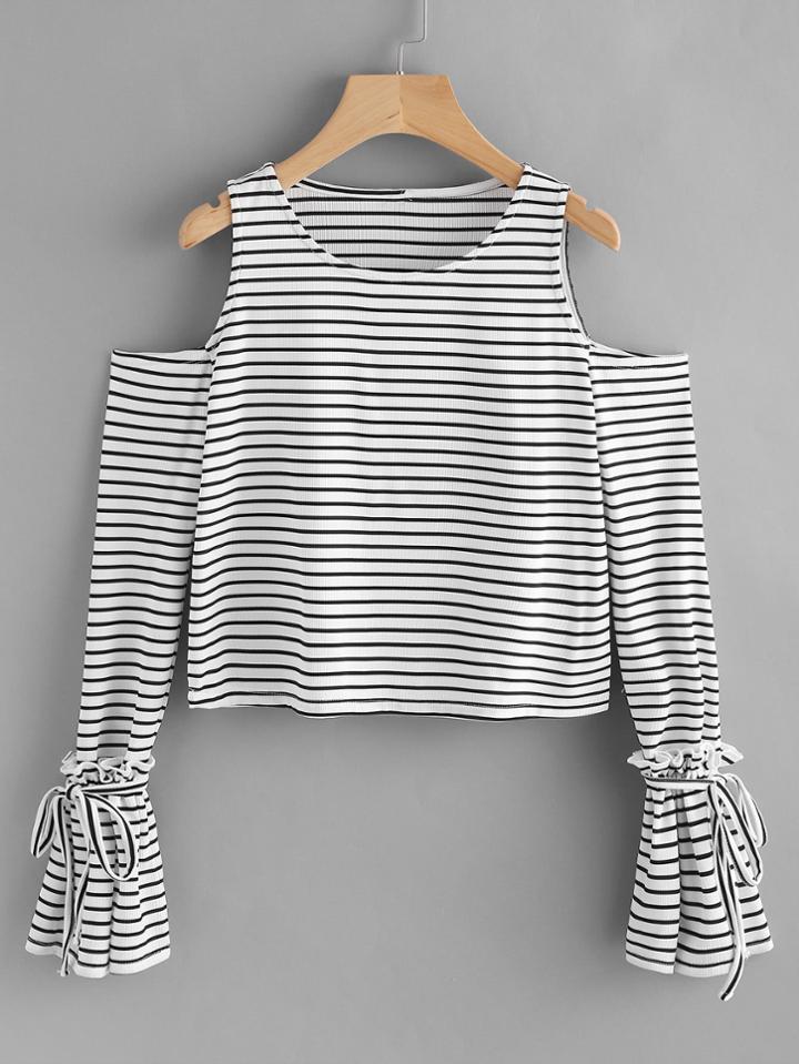Romwe Open Shoulder Fluted Sleeve Striped Tee